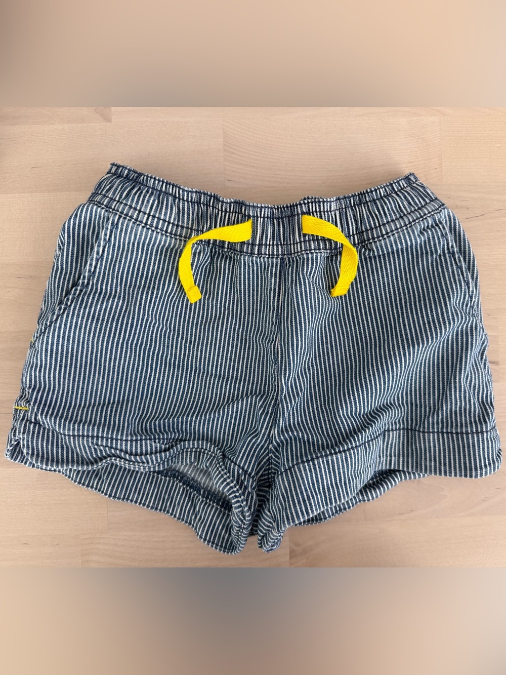 Boden - Navy-and-White Striped Shorts with Yellow Drawstring and Heart pockets.